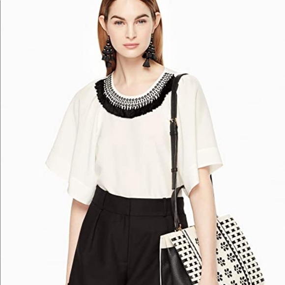 kate spade Tops - KATE SPADE Sequin Tassel Silk Top In Cream